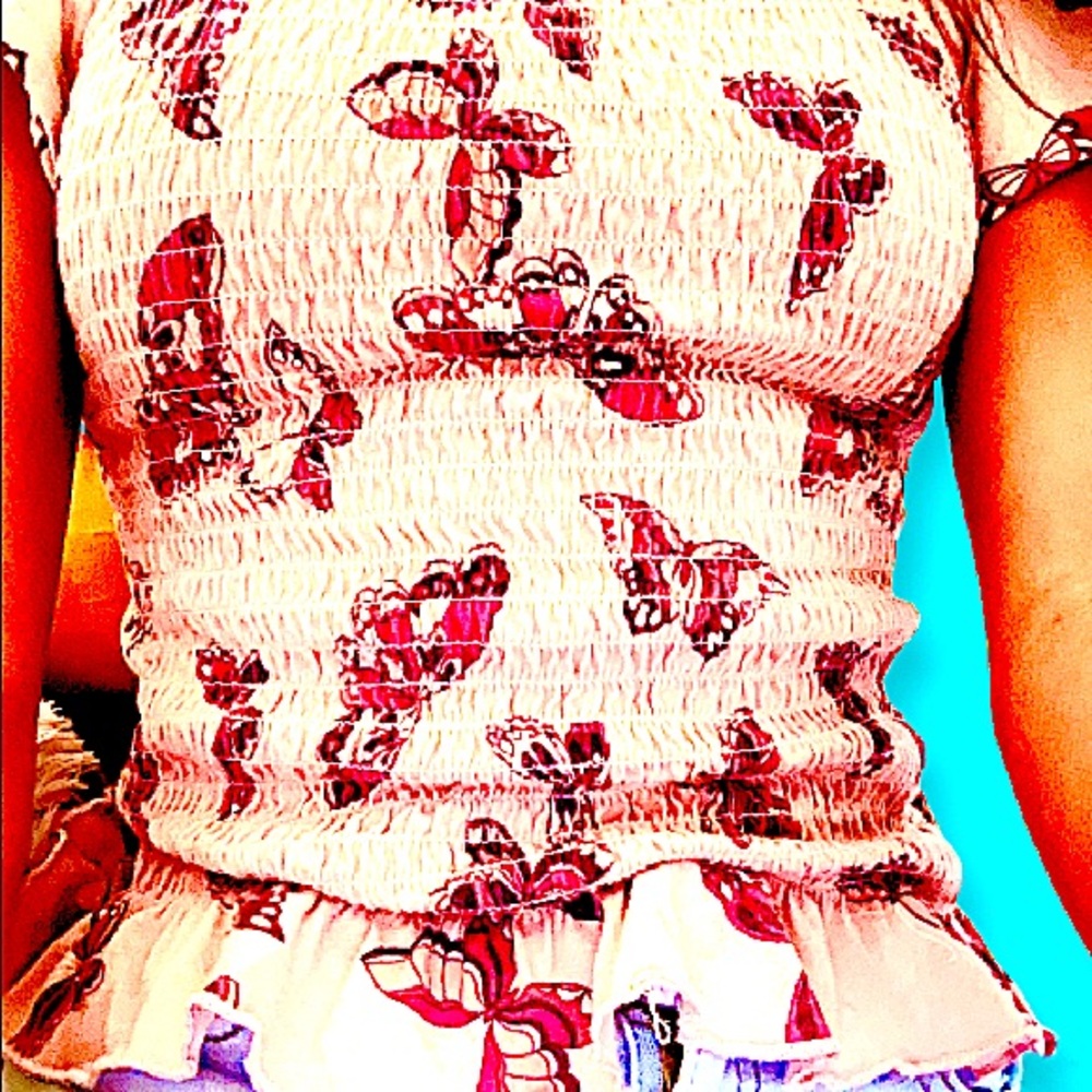 Butterfly shirt and denim blue jean shorts